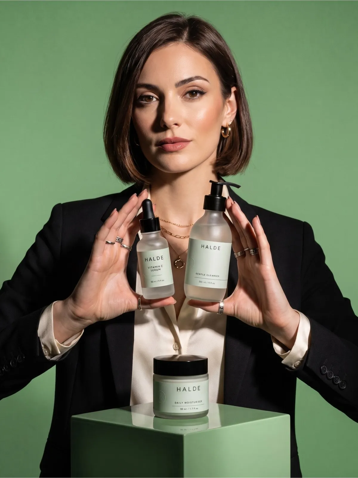 The same set with a new model in a black blazer
