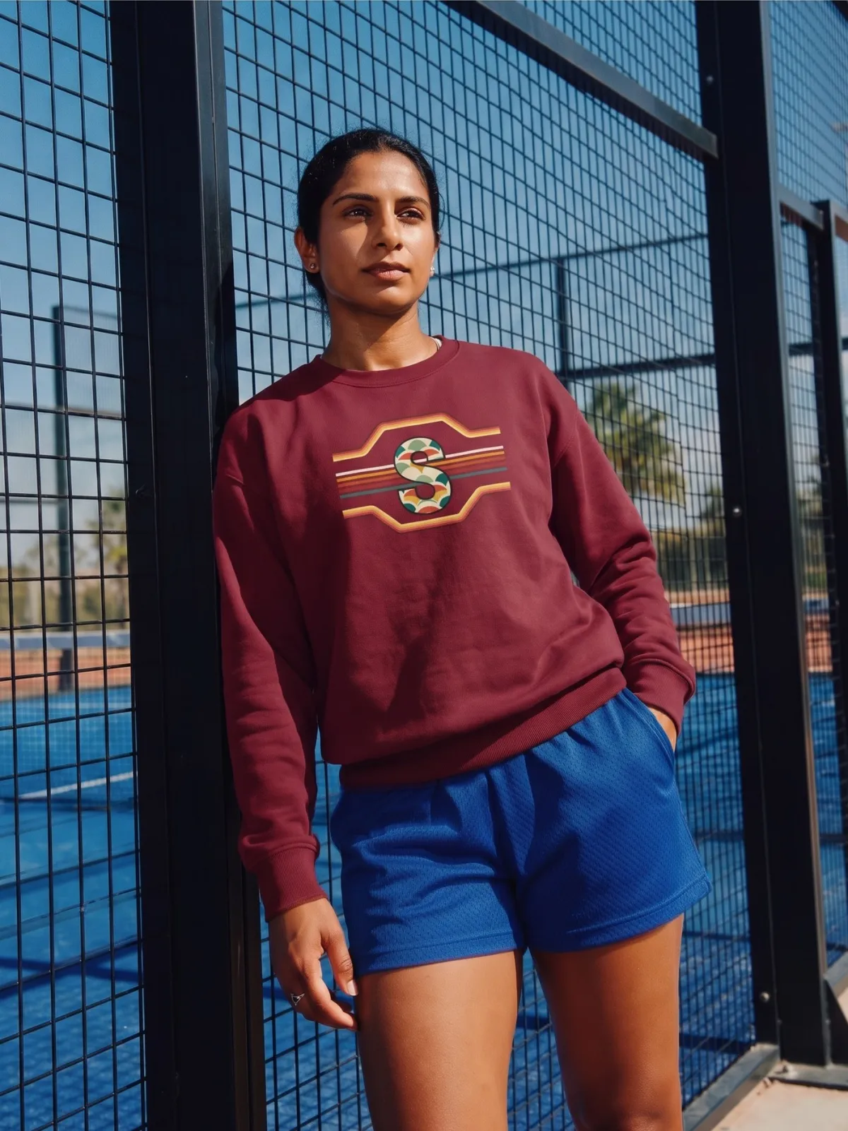 The same shot, now in the burgundy S crewneck