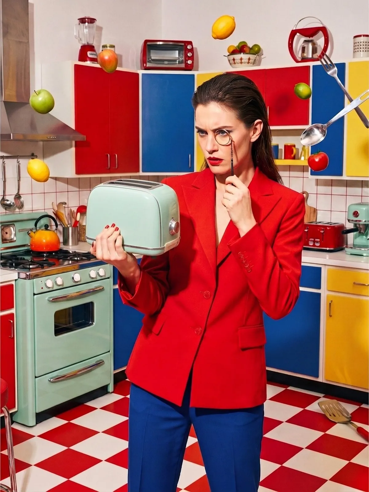 The same kitchen, now holding the mint toaster