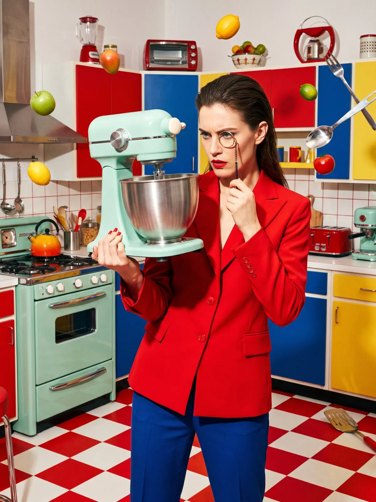 A woman in a red suit holds a mint stand mixer in a retro kitchen