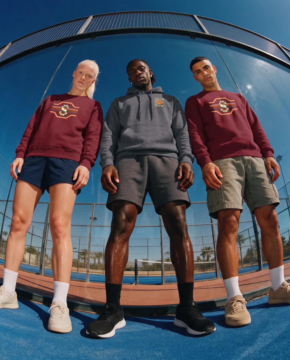 Three people on a padel court: two in the burgundy S crewneck and one in the grey hoodie.