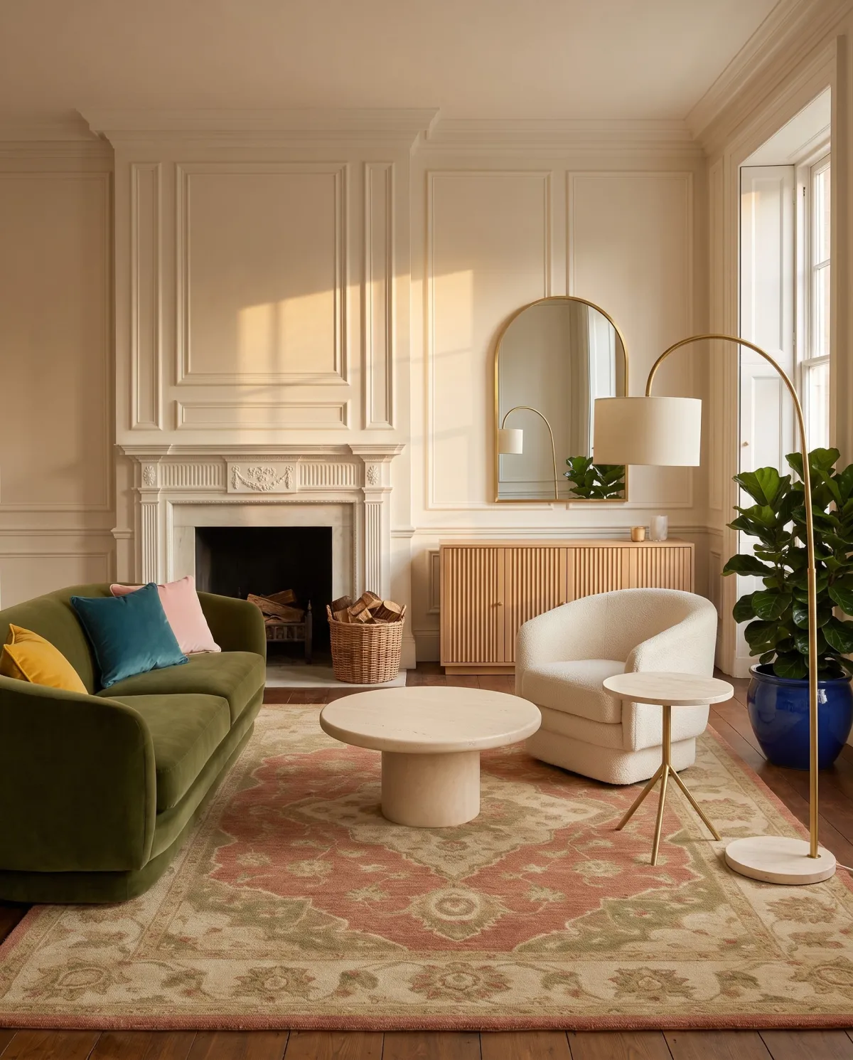 A panelled Georgian living room with a fireplace: an olive velvet sofa with mustard, teal and blush cushions, a cream bouclé armchair across a travertine coffee table on a terracotta rug, a fluted oak sideboard under an arched brass mirror, a brass arc lamp, a side table and a fig in a cobalt pot.